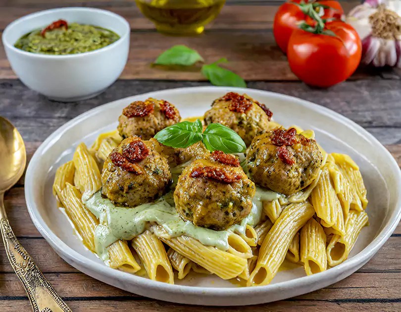 RecipeArtisan.com Italian American Fusion recipe Baked Meatballs with creamy pesto pasta