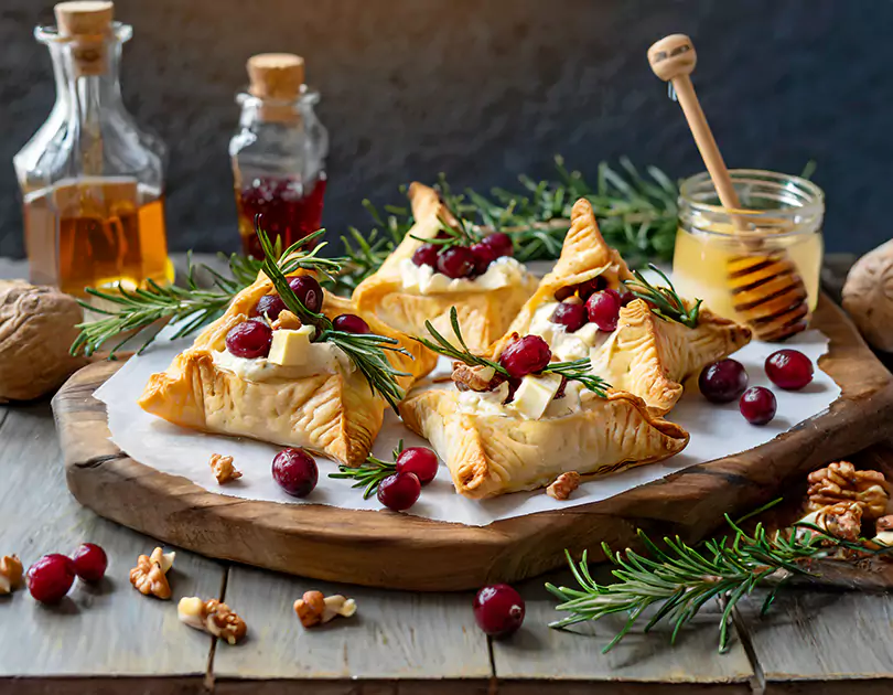 RecipeArtisan.com Easy Holiday Appetizer Recipe for Cranberry Brie Bites with Rosemary and Honey