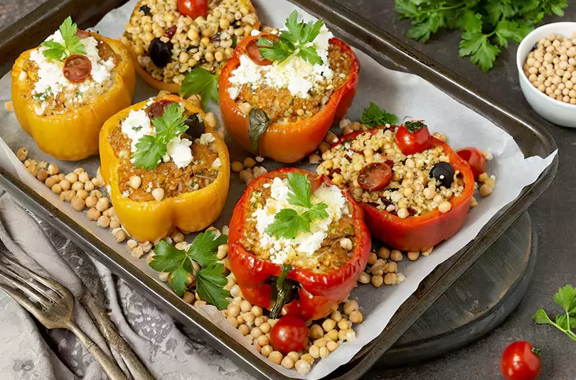 RecipeArtisan.com Recipe for Vegetarian stuffed bell peppers with quinoa, chickpeas, olives, sheet pan meal