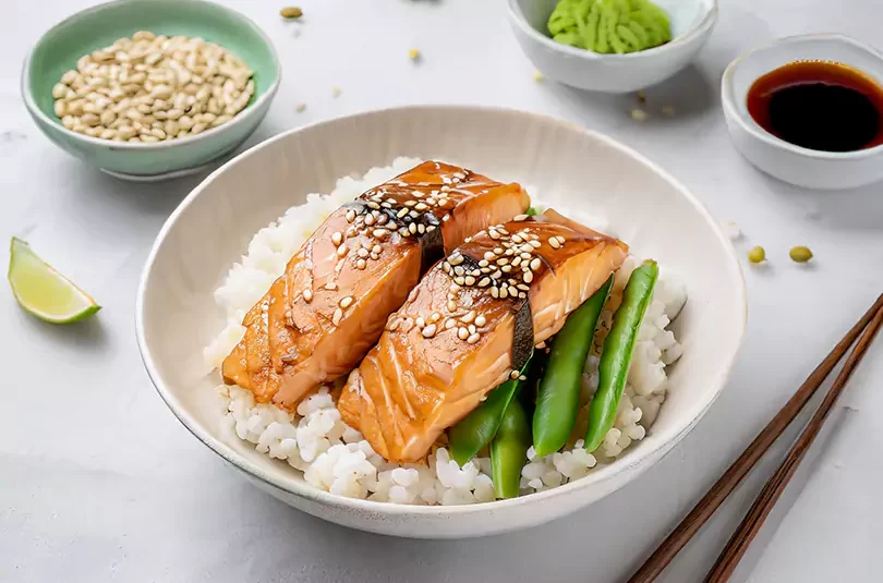RecipeArtisan.com Japanese Flavors: Salmon Teriyaki Donburi with Sesame Roasted Snap Peas Teriyaki Bowl Recipe