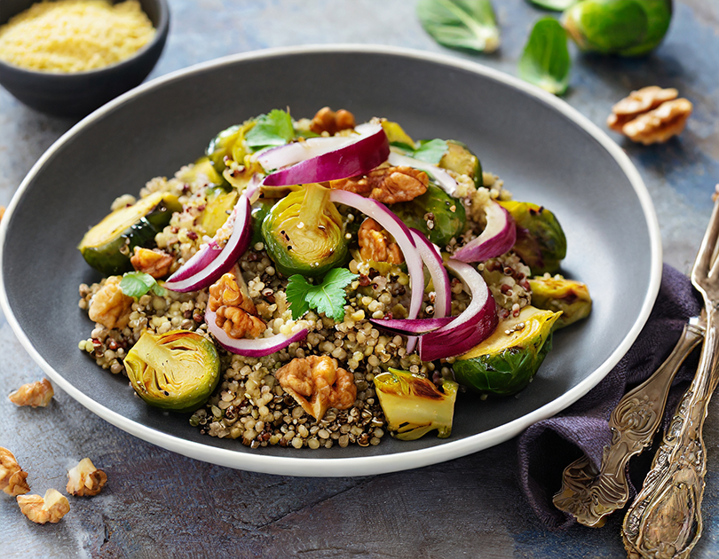 RecipeArtisan.com Recipe for January Nourishing Lunch: Lemony Lentil & Quinoa Salad with Roasted Brussels Sprouts & Toasted Walnuts
